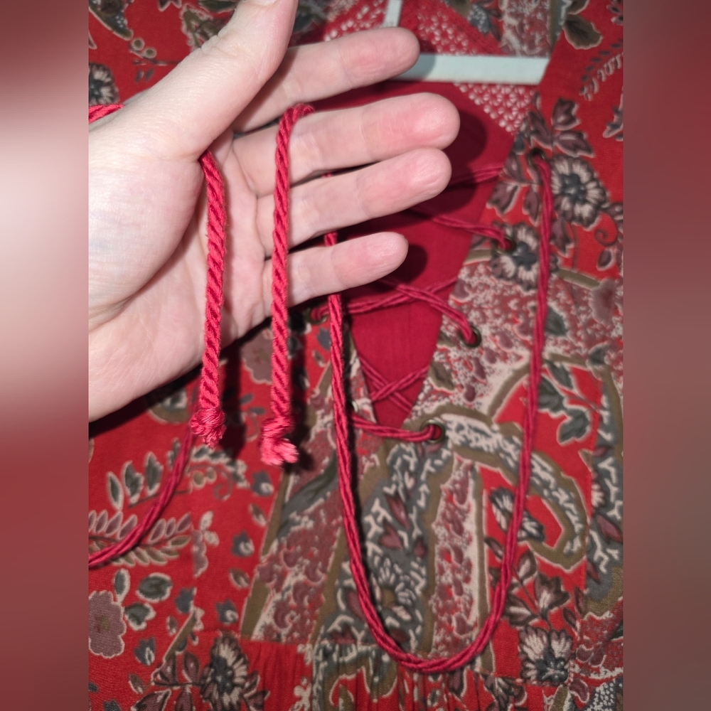 Moving Sale! { Free People Red Lace Up Mini Dress With Pockets Size XS - Picture 2 of 7
